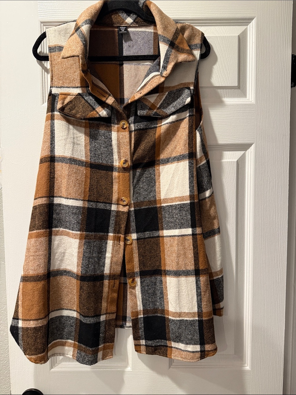SHEIN Brown Black Cream Plaid Button-Front Sleeveless Vest